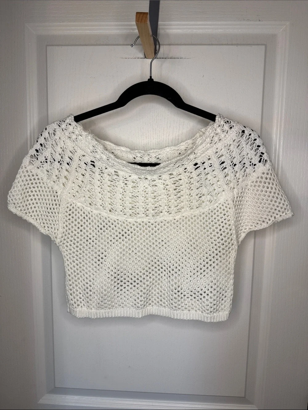 Anthropologie Cream Open-Weave Cropped Knit Top